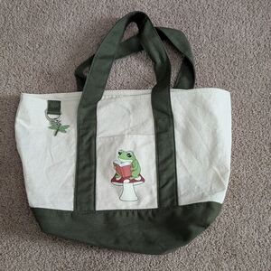 Green and Cream Tote Bag with Frog Design